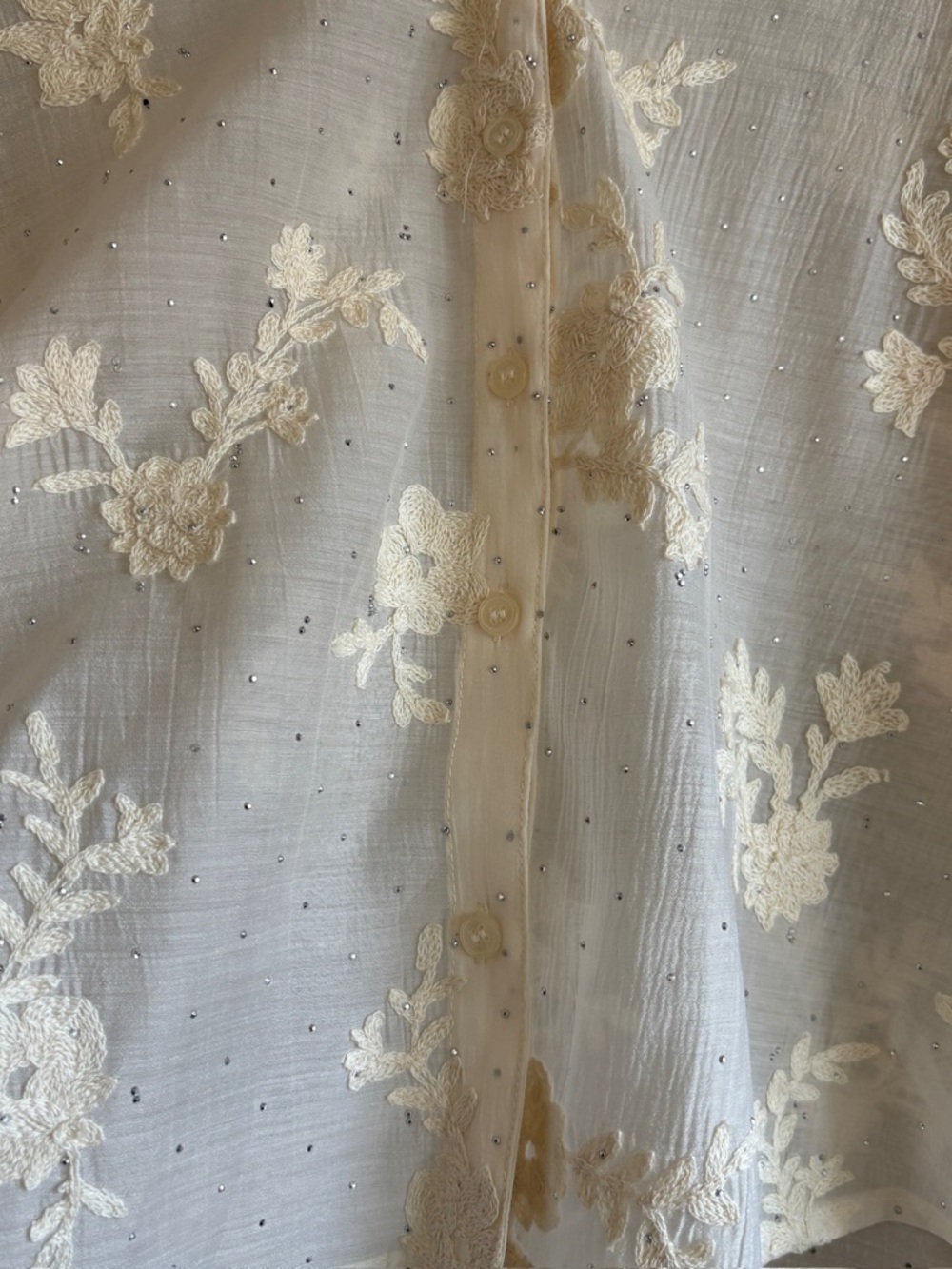 Ivory Embroidered Sheer Floral Blouse Rhinestone Mesh Top Size M - Picture 6 of 8